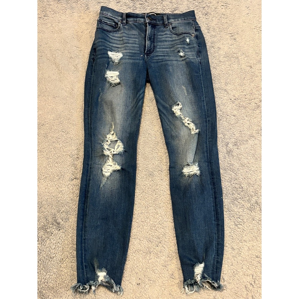 Express Jeans Womens 4R High Rise Ankle Blue Denim Dark Wash Distressed